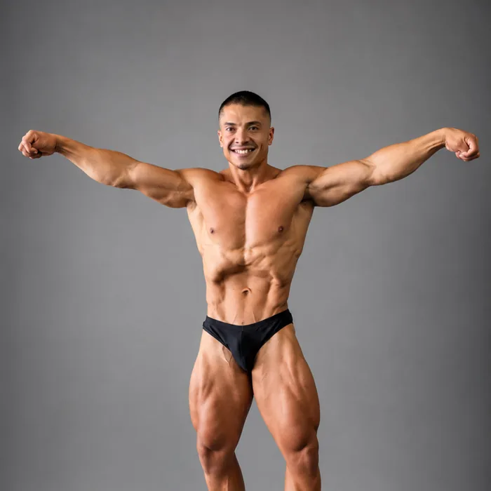 Cris Coach pose de doble biceps frontal, sesion de estudio